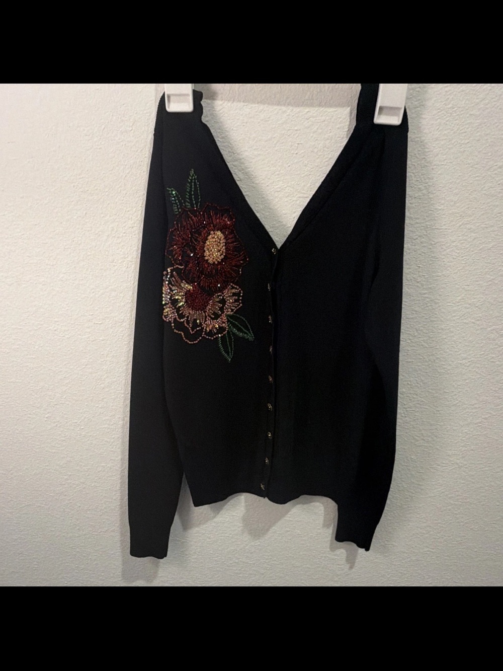 ECI Black Beaded Floral V-Neck Button Cardigan